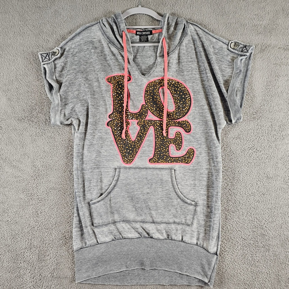 Miss Chievious Gray LOVE Studded Short Sleeve Hoodie Tunic Large Y2K